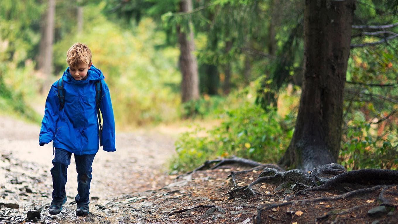 Brave little boy hiking in the forest. After rain the path turned into a stream. The boy is aged 6 and is wearing a blue waterproof jacket and a backpack.